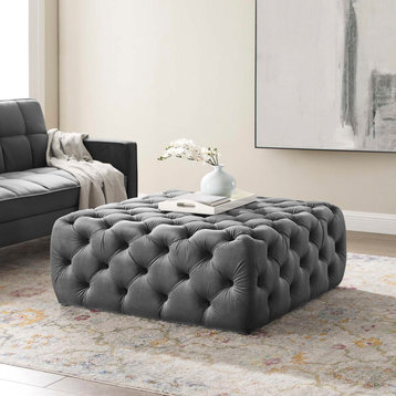 Button Tufted Velvet Ottoman, Square Tufted Coffee Table Cocktail Ottoman, Grey