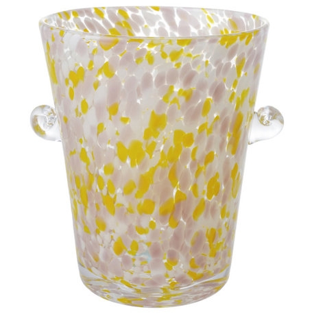 2 Quart Hand-Blown Confetti Glass Ice Bucket, Handles, Yellow, Pink Yand White