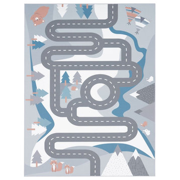 Kids Rug Non-Slip Play Mat With Snow Landscape & Roads, Blue Cream, 5'3"x7'3"