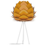 UMAGE - Aluvia Table Lamp, Saffron/White - Modern. Elegant. Striking. The VITA Aluvia is an artistic assemblage of 60 precision-cut aluminum leaves, overlapping each other on a durable polycarbonate frame. These metal leaves surround the light source, emitting glare-free, ambient light.  The underside of each leaf is painted white for increased light reflection, and the exterior is finished in one of six designer colors. Available in two sizes, the Medium (18.9"h x 23.3"w) can be used as a pendant or hanging wall lamp, while the Mini (11.8"h x 15.7"w) is available as a pendant, table lamp, floor lamp or hanging wall lamp. Hang it over the dining table, position it in a corner, or use as a statement piece anywhere; the Aluvia makes an artistic impact in any room.