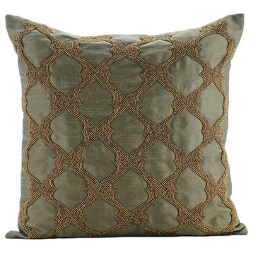 Gold Beaded Lattice Trellis Green Art Silk 22x22 Pillow Covers, Tarnished Gold
