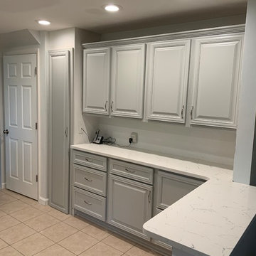gray cabinet refacing---quartz countertops