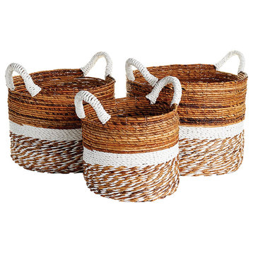 Set 3 Coastal Casual Natural Raffia Round White Stripe Tote Baskets Handle Large