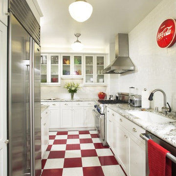Beautiful White Kitchen with Red & White Floors plus red accessories