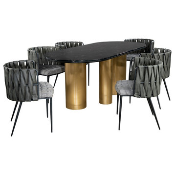 Balmain Black Stone Top Gold Oval Dining Table Set for 6