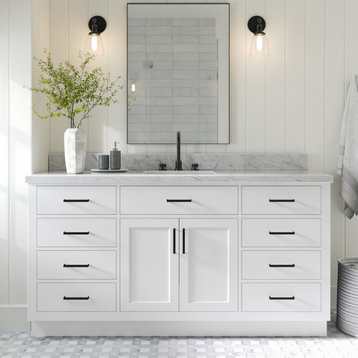 Ariel Hepburn 67" Rectangular Sink Bath Vanity, White, 1.5" Carrara Marble