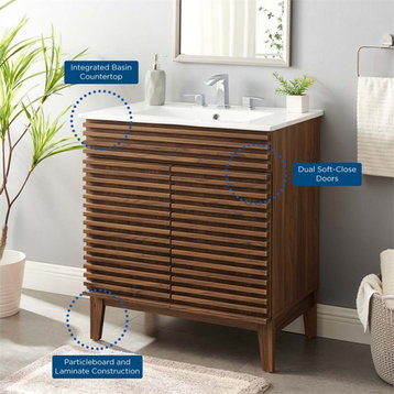 Modway Render 30" Modern Wood Bathroom Vanity Cabinet in Walnut/White