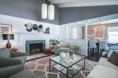 Living room - large contemporary open concept dark wood floor living room idea in Los Angeles with gray walls, a standard fireplace, a tile fireplace, a music area and a wall-mounted tv