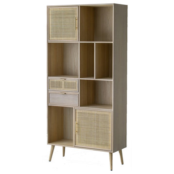 Benzara BM285270 Bookcase, 6 Unique Shelves, 4 Rattan Drawers, Natural Brown