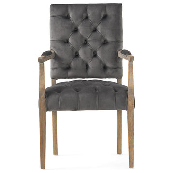 GDF Studio Myrtle Contemporary Velvet Tufted Dining Arm Chair, Charcoal and Oak