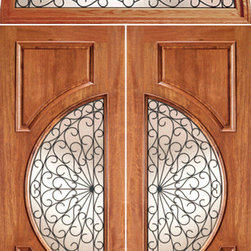 Circle Lite, Double Door, Round Transom, Mahogany, Scrollwork Ironwork - Front Doors
