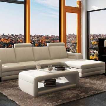 White Leather Sectional Sofa with a Coffee Table