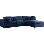Meridian Furniture - Serene Linen Textured Fabric Deluxe Comfort 4-Piece L-Shaped Sectional, Navy - There's lots to love about the Serene linen textured deluxe cloud-like comfort modular collection, and this pfour-piece set is not an exception. The soft navy linen textured fabric is cozy and sleek to the touch while the overstuffed down/feather cushions provide gentle support so you can relax and unwind like a VIP. Customize your seating with this modular set by adding the pieces you like most. Latches under each piece make it easy to snap them into position for a look that's modern yet welcoming.