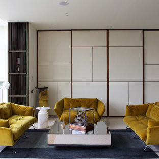 Ispirazione per un soggiorno minimal stile loft con pareti bianche, pavimento in marmo e pavimento bianco