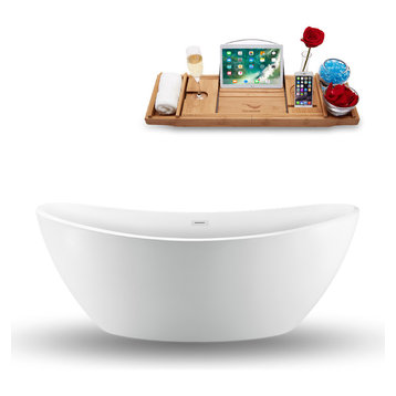 75" White Freestanding Tub and Tray With Internal Drain, Oval Shaped
