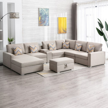 Nolan 135" Linen 8Pc Reversible Chaise Sectional Sofa with Interchangeable Legs,