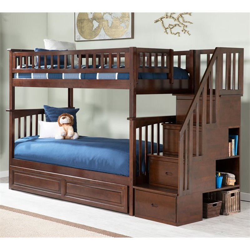 AFI Columbia Twin Over Full Solid Wood Staircase Trundle Bunk Bed in ...