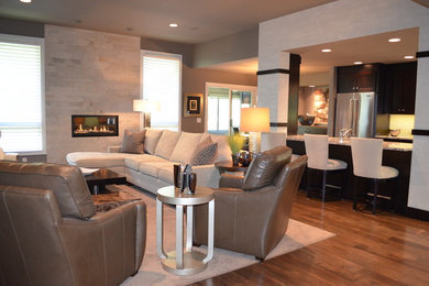 Inspiration for a mid-sized contemporary open concept living room remodel in Other with a ribbon fireplace, a stone fireplace and a wall-mounted tv