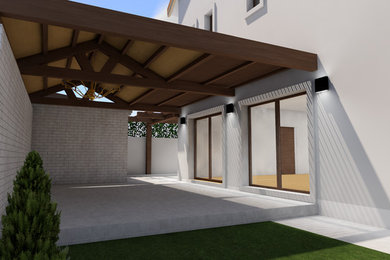 Foto de terraza minimalista de tamaño medio en patio lateral con pérgola