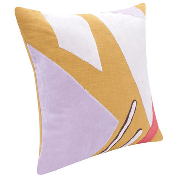 20" X 20" Yellow Purple Off-White And Coral 100% Cotton Abstract Zippered Pillow