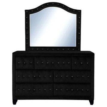 Sophia Crystal Tufted Mirror finished with Wood in Black