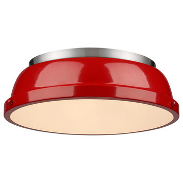 Duncan 14" Flush Mount, Pewter With Blue Shade, Red