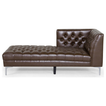 Bluffton Contemporary Tufted One Armed Chaise Lounge, Dark Brown + Silver