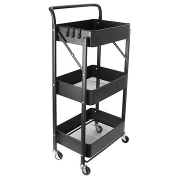 Alexent 3-Tier Modern Metal Storage Utility Rolling Cart with Foldable in Black