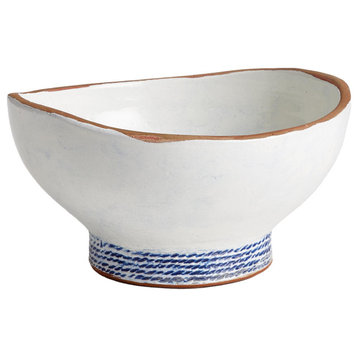 Coastal Blue White Rope Stripe Decorative Bowl Grecian Rustic Clay Ceramic