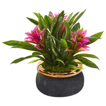 Nearly Natural 11" Bromeliad Artificial Plant in Stoneware Planter, Red