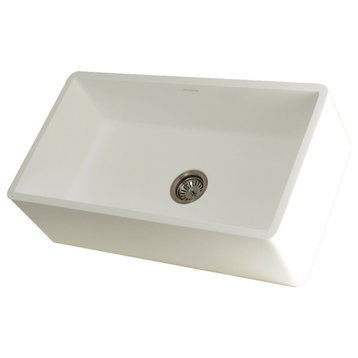 Solid Surface White Stone Front Farmhouse Single Bowl Kitchen Sink, Matte White