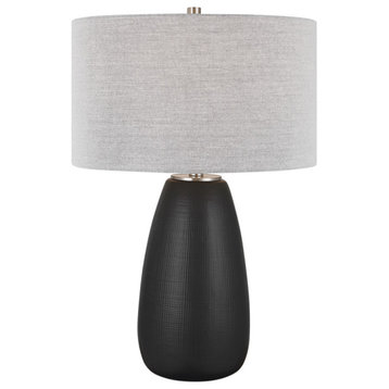 Elegant Modern Minimalist Satin Black Table Lamp 27in Embossed Grid Texture Gray