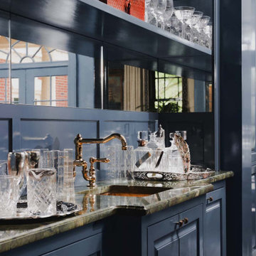 Home bar lounge with dark navy blue high gloss lacquered walls