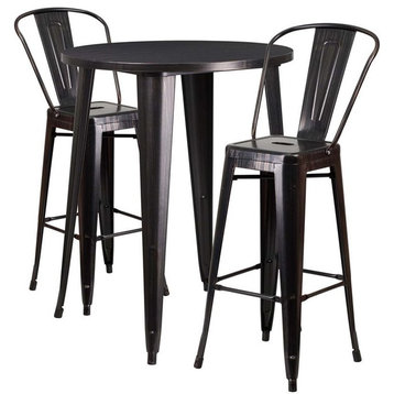 30" Round Black-Antique Gold Metal IBar 3-Piece Table Set With 2 Cafe Stools