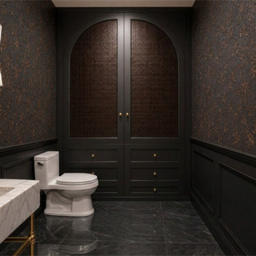 AFTER: MOODY POWDER ROOM WITH CUSTOM ARCHED BUILD-INS