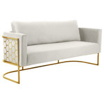 Meridian Furniture - Casa Velvet Upholstered Sofa, Cream, Gold Finish - Bring modernity to the forefront with the addition of this Casa velvet chair. Destined to become the most-talked-about addition to your room, this eye-grabbing sofa is an attention-getter from all angles. Its soft cream velvet upholstery is touchably soft and feels great against the skin, and its gold iron metal frame featuring a honeycomb pattern lends the chair an up-to-the-minute feel. Pair it with other items in the Casa collection for a streamlined look.