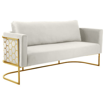 Casa Velvet Upholstered Sofa, Cream, Gold Finish