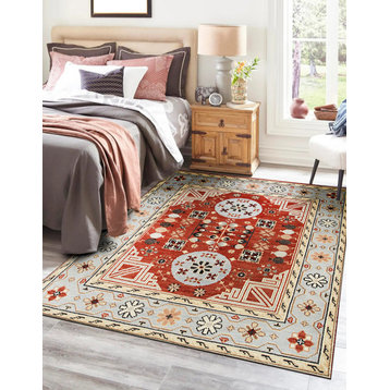 Hand-Knotted Wool Rust Traditional Floral Khotan Weave Rug, 6'x9'