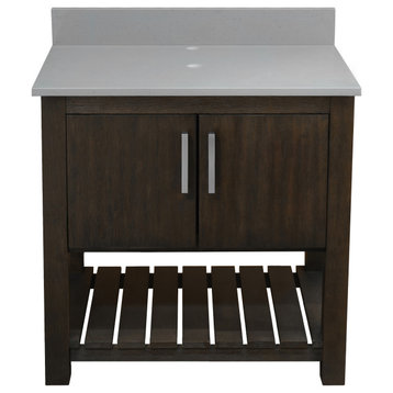 30" Vanity with Storm Grey Quartz Countertop and BackSplash, Brushed Nickel, Without Mirror