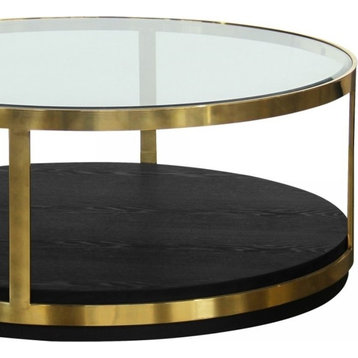 Armen Living Hattie Round Glass Top Coffee Table in Brushed Gold and Black