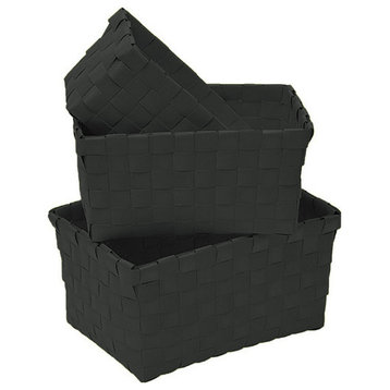 Checkered Woven Strap Storage Baskets Totes Set of 3, Black