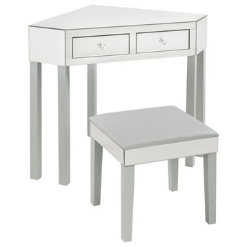 Axelle Mirrored 2-Drawer Corner Vanity Table with Stool Set, Gray