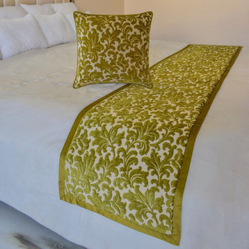 Green Velvet King 90"x18" Bed Runner With Pillow Cover- Enchanted Chartreuse