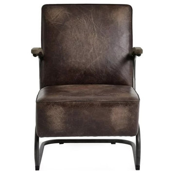 Modern Accent Chair, Black Metal Frame With Wooden Legs & Brown Leather Seat
