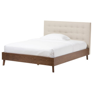 Alinia Retro Fabric Upholstered Walnut Wood Platform Bed, Light Beige, Queen