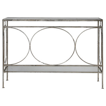 Silver Rings Mirrored Metal Console Table, MidCentury Minimalist Open Geometric