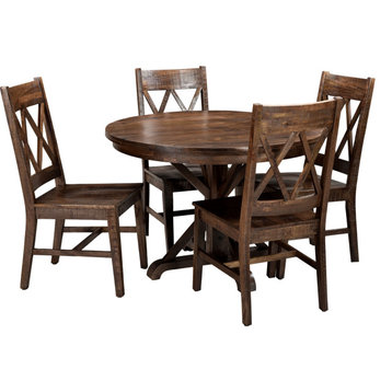 Annecy 5-Piece Mango Wood Dining Set, Round Table With Trestle Base and 4 Chairs