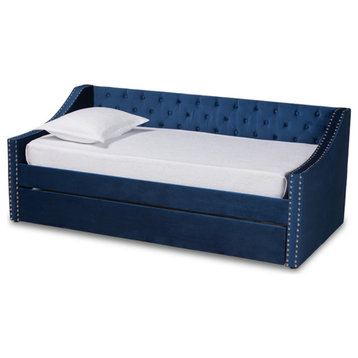Raphael Navy Blue Velvet Fabric Upholstered Twin Size Daybed With Trundle