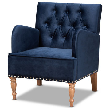 Glam and Luxe Navy Blue Velvet Upholstered Walnut Brown Finished Wood Armchair