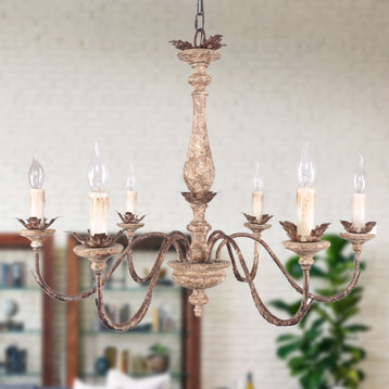 French Traditional Elegant Wood and Iron Chandelier, 6-Light